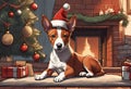 Christmas Secene. A Basenji puppy dog wearing a Santa Claus hat