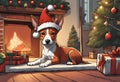 Christmas Secene. A Basenji puppy dog wearing a Santa Claus hat