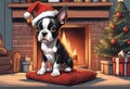 Christmas Secene. A Boston Terrier Puppy Dog Wearing A Santa Claus Hat