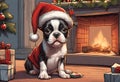 Christmas Secene. A Boston Terrier puppy dog wearing a Santa Claus hat Royalty Free Stock Photo