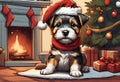 Christmas Secene. A Terrier puppy dog wearing a Santa Claus hat Royalty Free Stock Photo