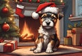 Christmas Secene. A Terrier puppy dog wearing a Santa Claus hat Royalty Free Stock Photo