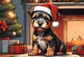 Christmas Secene. A Terrier Puppy Dog Wearing A Santa Claus Hat