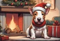 Christmas Secene. A Bull Terrier Puppy Dog Wearing A Santa Claus Hat