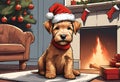 Christmas Secene. A Lakeland Terrier Puppy Dog Wearing A Santa Claus Hat