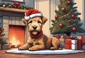 Christmas Secene. A Lakeland Terrier Puppy Dog Wearing A Santa Claus Hat
