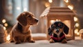 dog with christmas lights A comical scene where a baby puppy and a dachshund are snoozing in a dollhouse,