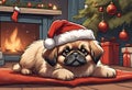 Christmas Secene. A Pekingese puppy dog wearing a Santa Claus hat