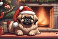 Christmas Secene. A Pekingese puppy dog wearing a Santa Claus hat