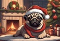 Christmas Secene. A Pug puppy dog wearing a Santa Claus hat