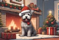 Christmas Secene. A puppy dog wearing a Santa Claus hat