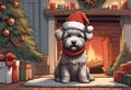 Christmas Secene. A puppy dog wearing a Santa Claus hat