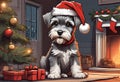 Christmas Secene. A Schnauzer puppy dog wearing a Santa Claus hat