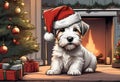 Christmas Secene. A Sealyham Terrier puppy dog wearing a Santa Claus hat