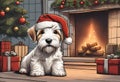 Christmas Secene. A Sealyham Terrier puppy dog wearing a Santa Claus hat