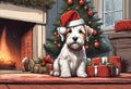 Christmas Secene. A Sealyham Terrier puppy dog wearing a Santa Claus hat