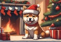 Christmas Secene. A Shiba puppy dog wearing a Santa Claus hat