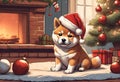 Christmas Secene. A Shiba puppy dog wearing a Santa Claus hat