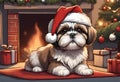 Christmas Secene. A Shih Tzu puppy dog wearing a Santa Claus hat Royalty Free Stock Photo