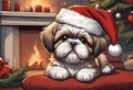 Christmas Secene. A Shih Tzu puppy dog wearing a Santa Claus hat Royalty Free Stock Photo