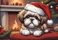 Christmas Secene. A Shih Tzu puppy dog wearing a Santa Claus hat