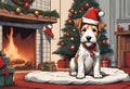 Christmas Secene. A Wire Fox Terrier Puppy Dog Wearing A Santa Claus Hat