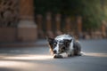 Dog in the city. border collie on the asphalt