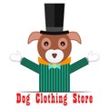 Dog clothing store. Banner, poster. Dog gentleman in a suit, hat, and bow tie with a dollar sign. Vector isolated illustration. Royalty Free Stock Photo