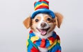 Dog in a clown cap and cheerful outfi