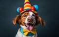 Dog in a clown cap and cheerful outfi