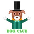 Dog club logo. Lettering, banner, poster. Dog gentleman in a suit, hat and bow tie with a dollar sign. Vector. Royalty Free Stock Photo