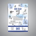 Dog club poster with Hand drawn dogs breeds. Sketch of dog. Brochure with bulldog, dachshund, Husky, Yorkshire Terrier