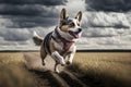 A Dog In A Collar Running Across A Field. Generative AI