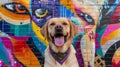 a dog with a colorful bandana around its neck standing in front of a graffiti Royalty Free Stock Photo
