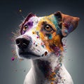 a dog with colorful paint splattered all over it\'s face and neck, looking up at the camera with a serious look on its face