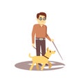 Dog companion and blind man on walk on white background - blind person and guide dog Royalty Free Stock Photo