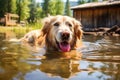 dog cooling in lakes water, cabin background