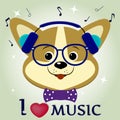 Dog Corgi musician, listening to music. Head in blue headphones, glasses and a bow tie in the style of cartoons.