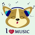 Dog Corgi is a musician who sings songs. Head in blue headphones with closed eyes, in the style of cartoons.