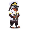 Dog in the costume of the captain of the ship with binoculars isolated on white background. Vector cartoon close-up Royalty Free Stock Photo