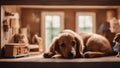 dog on the couch A comical scene where a baby puppy and a dachshund are snoozing in a dollhouse,