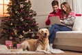 Dog and couple using laptop Royalty Free Stock Photo