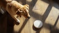 A dog curiously examines a circular object on a wooden floor Royalty Free Stock Photo