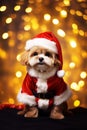 Dog cute puppy wearing Santa Claus costume on Christmas glittering lights