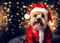 Dog cute puppy wearing Santa Claus costume on Christmas glittering lights