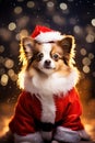 Dog cute puppy wearing Santa Claus costume on Christmas glittering lights