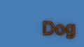 Dog - 3d word brown on blue background. render of furry letters. hair. pets fur. Pet shop, pet house, pet care emblem logo design