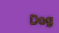 Dog - 3d word brown on purple background. render of furry letters. pets fur. Pet shop, pet house, pet care emblem logo design