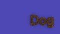 Dog - 3d word brown on violet background. render of furry letters. pets fur. Pet shop, pet house, pet care emblem logo design