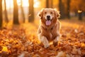 A dog darts through a beautiful forest path covered with fallen leaves, Happy golden retriever dog on Autumn nature background, AI